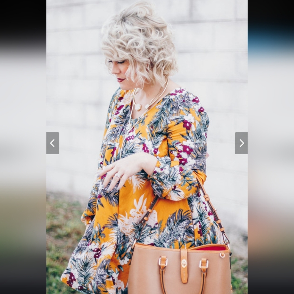 Onetheland Yellow Purple Green Floral Dress With Elastic Sleeves GUC Medium